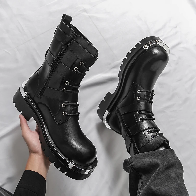 Men Chelsea Boots PU Solid Color Thick Sole Height Increasing High Top Metal Big Toe Workwear Boots image 3
