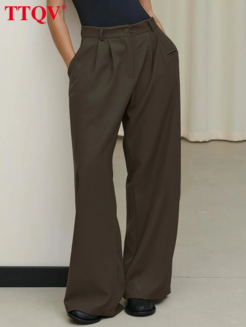 

TTQV Fashion Loose Brown Office Women's Pants Casual High Waist Wide Trousers Elegant Classic Full Length Pants Female Clothing