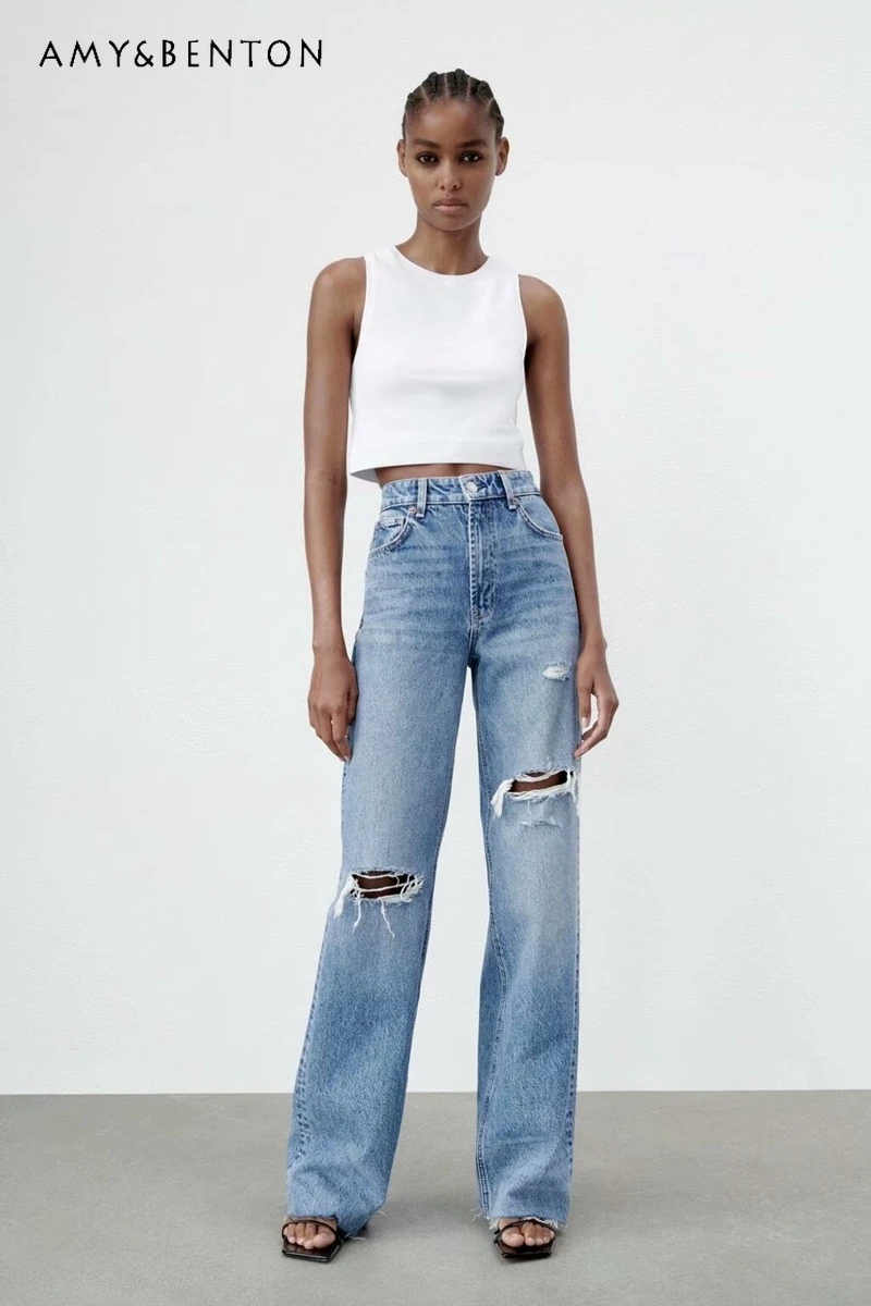 Spring and Autumn New European American Retro Street Ripped Jeans Women Fashion All-Match Slim High Waisted Pants Wide-Leg Pants