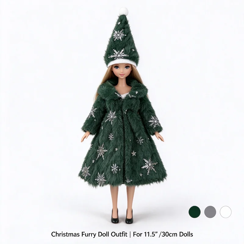 11 Inch Barbie Clothes Christmas Tree-Shaped Furry Coat for Blythe Doll, Xmas Hat & Snowflake Sequins, Perfect Gift for Girls