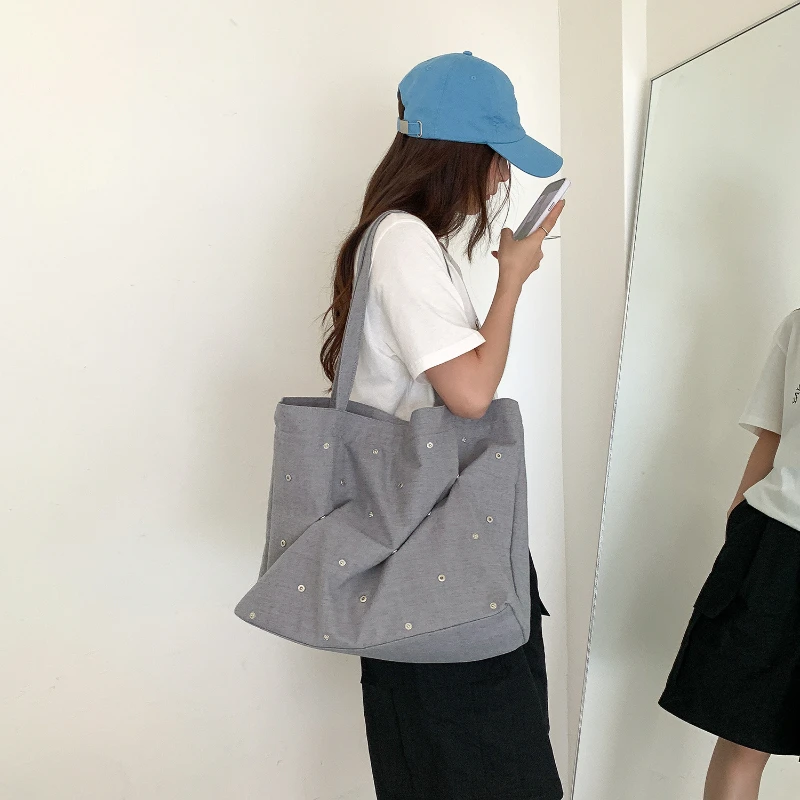 

Women Large Capacity Canvas Shoulder Tote Bag Korea Style Rivet Magnetic Buckle Polka Dot Versatile Casual Commute Underarm Bag
