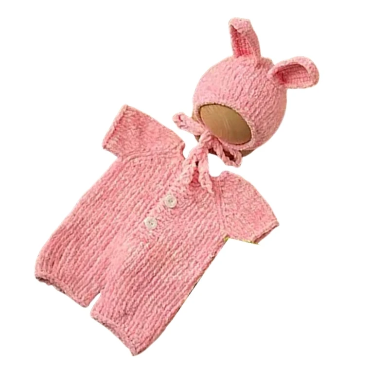 Infant Rabbit Dress Up Photo Costume Soft and Breathable Knitting Romper Short Sleeved with Hat for Various Occasions