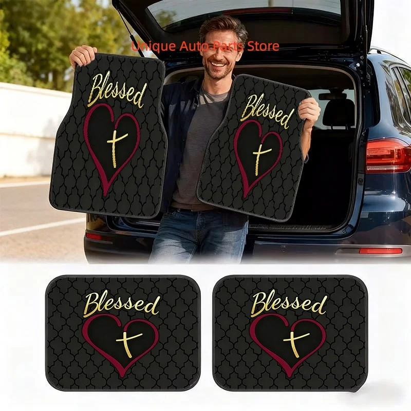 4pcs Car Floor Mats & Trunk Liners, Multiple Specifications Available, Material, Blessed Cross Heart Design,