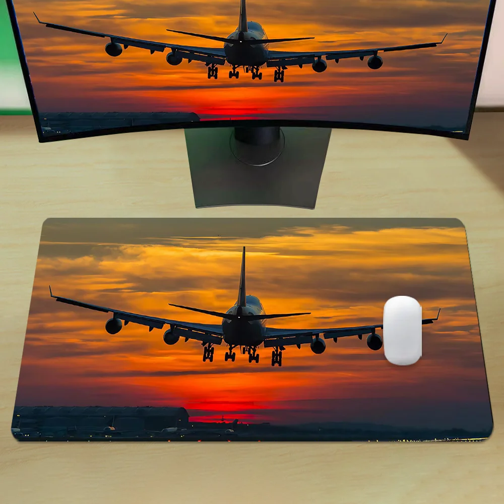 Large Airplane Gaming Mouse Pad Sunset Design Desk Mat Large Keyboard Pad With Non-Slip Rubber Base Stitched Edge Deskpad