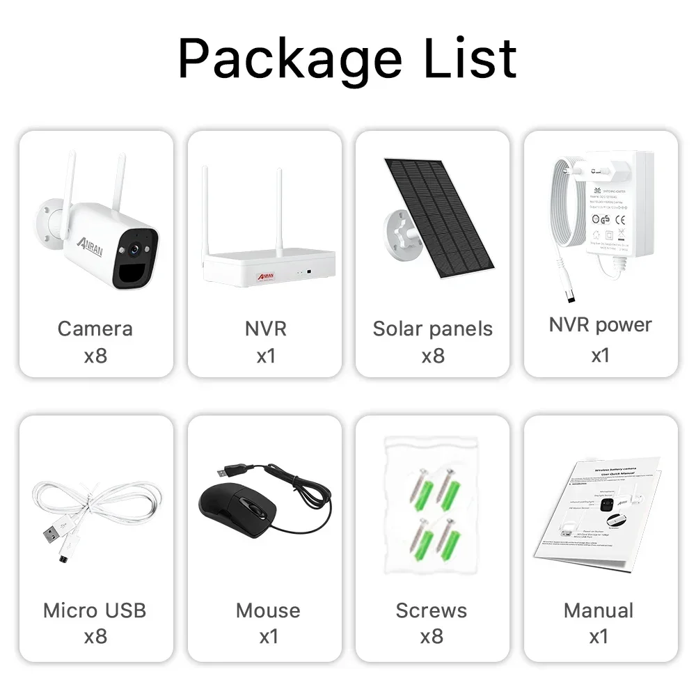 ANRAN 8 channel NVR Kit Battery Camera with Solar Panel 3MP 2K Wifi Night VIsion Free APP Remote Solar Security Camera System