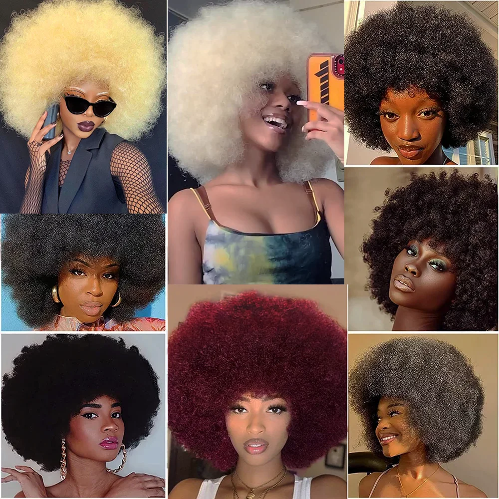 High Puff Afro Curly Wigs With Bangs Natural Blonde Synthetic Hair Afro Kinky Curly Wig For Black Woman Heat Resistant Daily Use