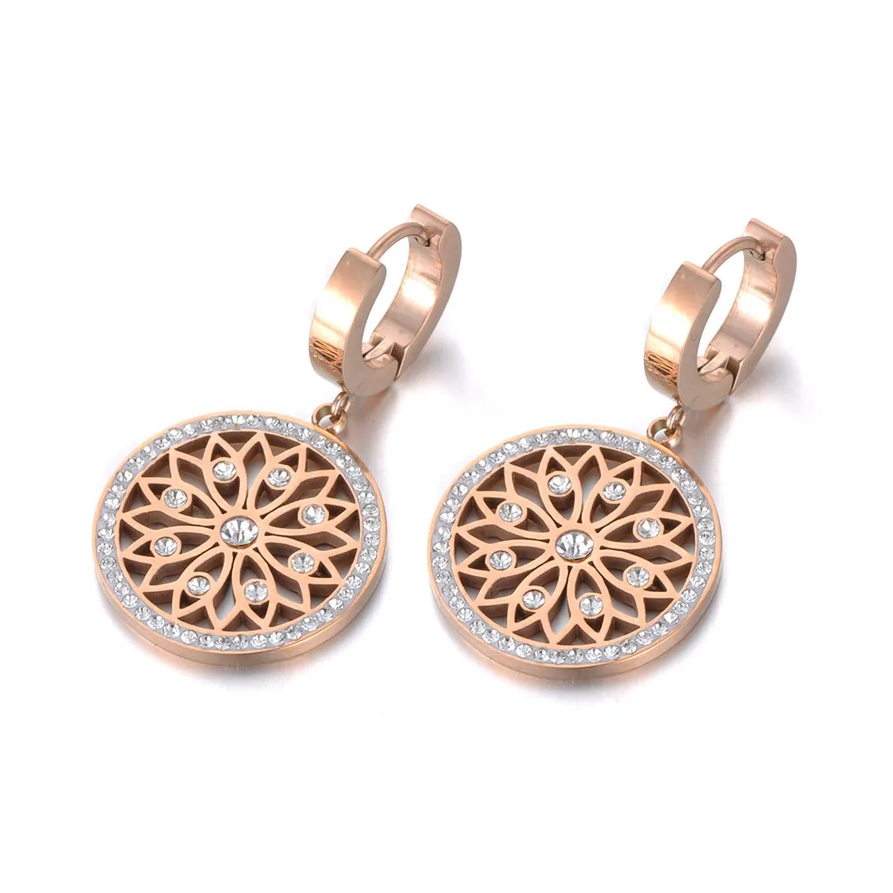 Lokaer Original Design Stainless Steel Flower Rattan Disc Earrings Jewelry Trendy CZ Crystal Hoop Earrings For Women Girl E19269