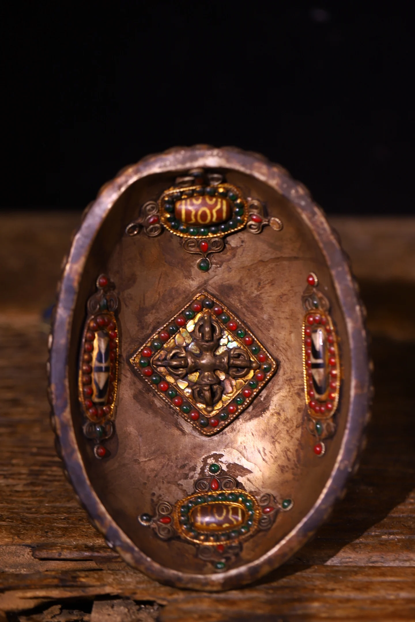Old Kabala Bowl Mosaic Gem gZi Beads Turquoise Garuda pattern Bronze Vajra Bodhi Root Base Worship Hall Town house