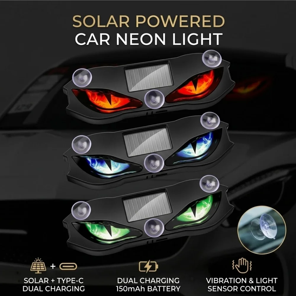 Solar Powered Car Neon Light Demon Eye Ambient Atmosphere Lamp Wireless Rechargeable LED Auto Decorative Light Car Decoratin