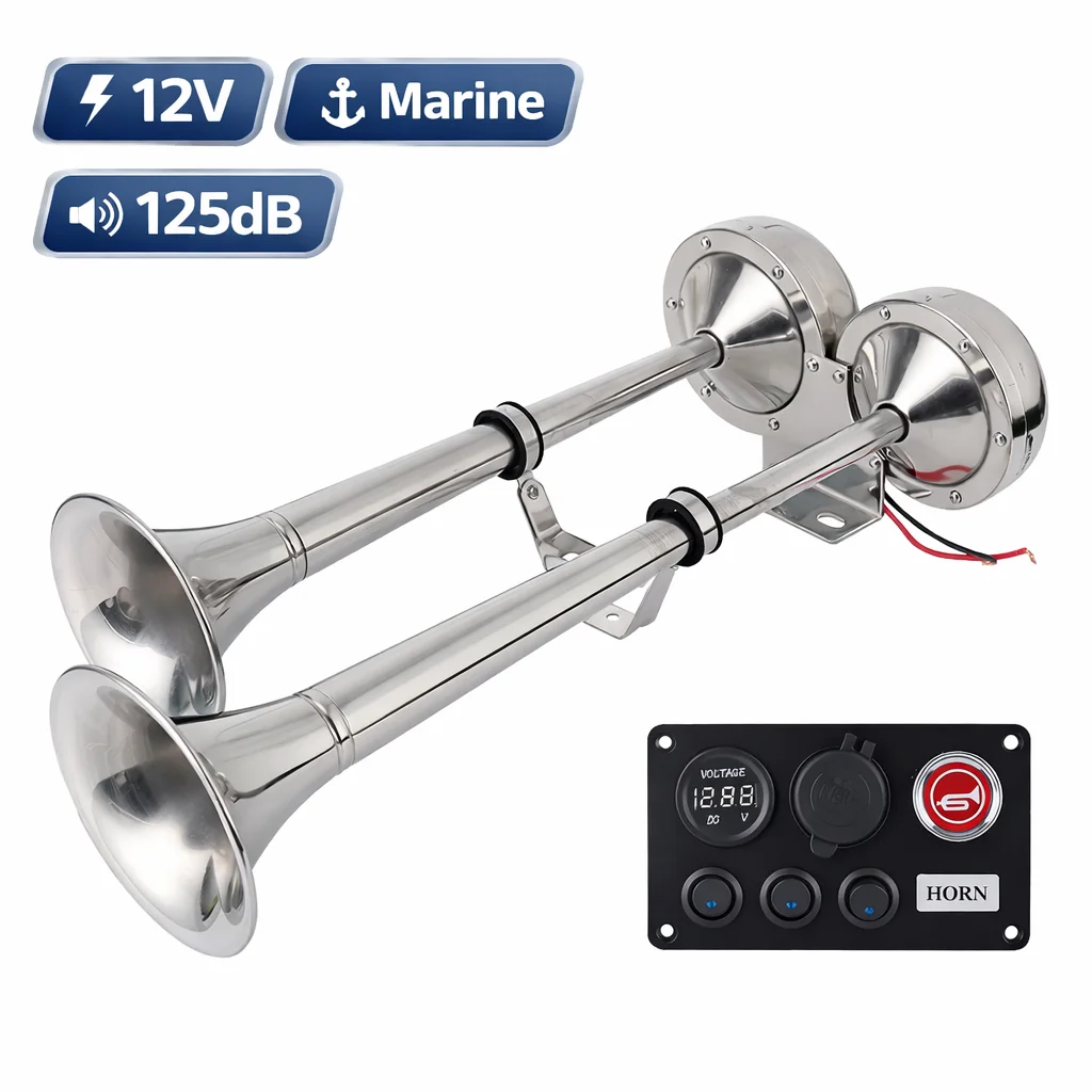 12V 24V Marine Electric Horn Stainless Steel Boat Safety Horn with Switch Waterproof for Yacht
