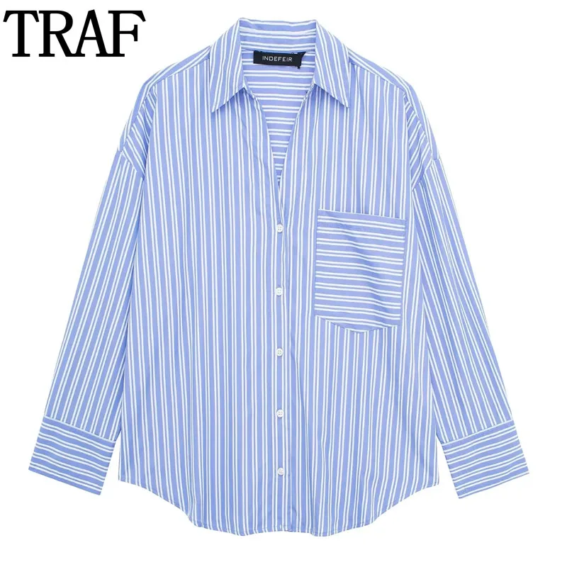 

TRAF 2024 Blue Striped Shirt Women Button Up Long Shirts Blouses Spring Oversize Long Sleeve Top Woman Casual Collared Shirt