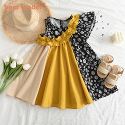 Bear Leader Korean Children's Summer Girls Fashion Color Blocking Dresses Children's Wooden Ear Edge Floral Dress Girls Clothing