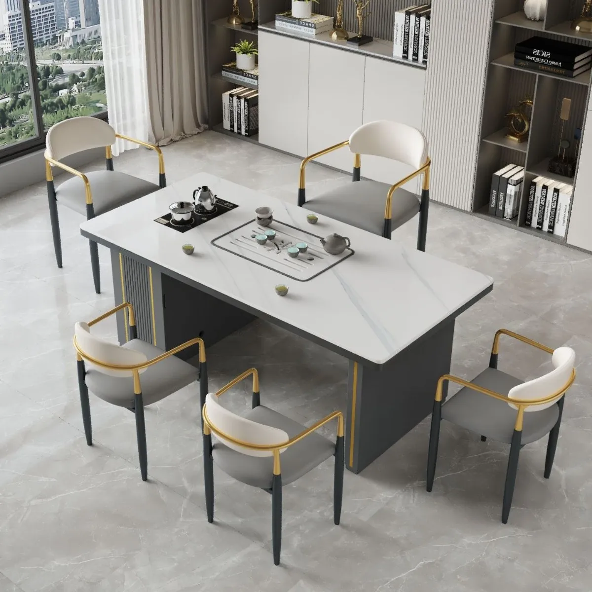 Light luxury rock slab tea table Household small Modern simple office coffee and chairs A