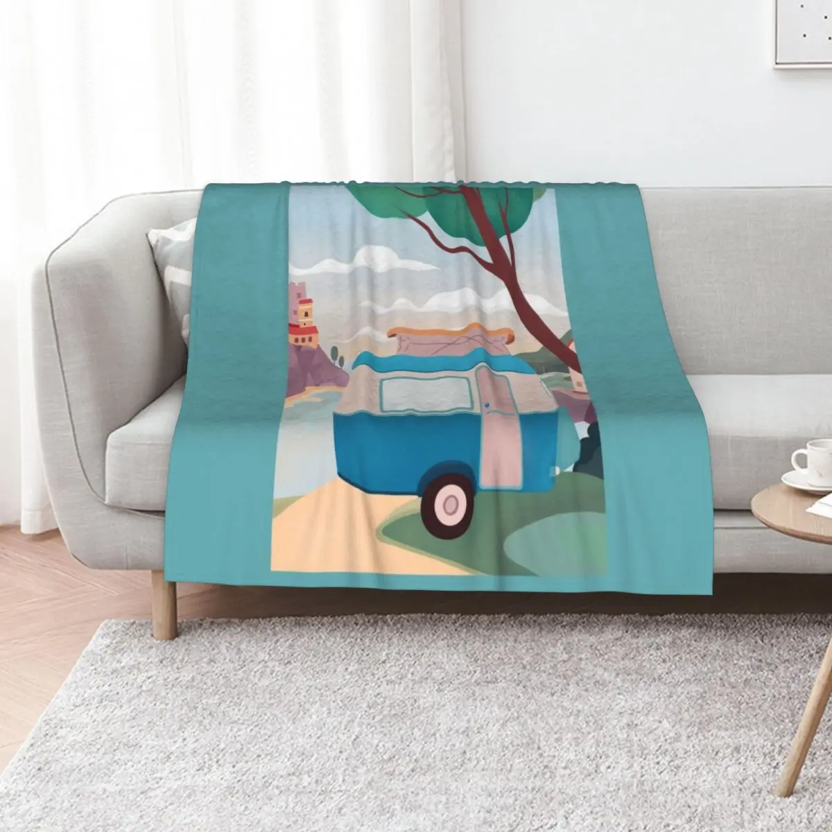 Vintage Caravan by the Sea Throw Blanket Comforter Thermal Cute Multi-Purpose cosplay anime Vintage Blankets