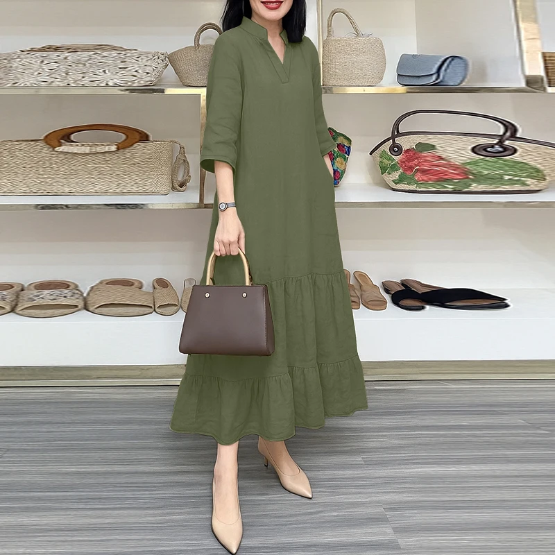 2026 ZANZEA Damen Frühlings-Sommerkleid Elegantes V-Ausschnitt Midi-Kleid Einfarbiges OL Arbeitskleid 3/4 Ärmel Gerüschter Saum Vestidos Robe Femme