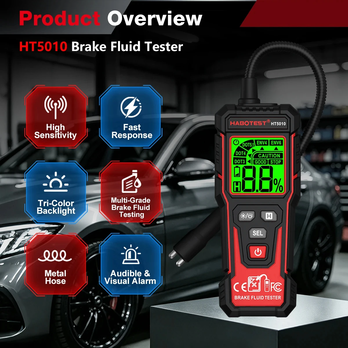 HABOTEST HT5010 Car Brake Fluid Tester Automotive Brake Oil Moisture Detector for DOT3 DOT4 DOT5.1 ENV4 ENV6 for Auto Repair