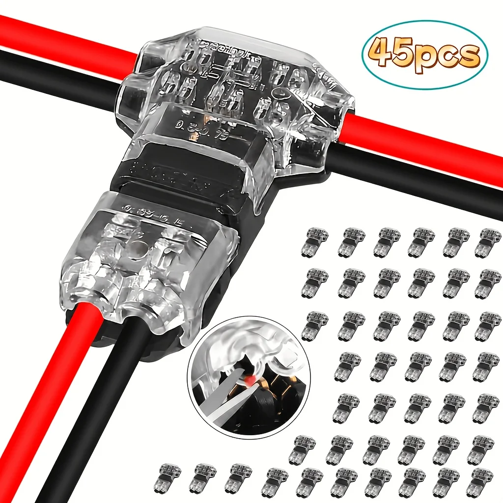 45pcs Heavy-Duty Solder-Free & Peel-Resistant T-Shaped 2-Pin Wire Connectors Compatible for LED Strips, Plug-and-Play Low-Voltag