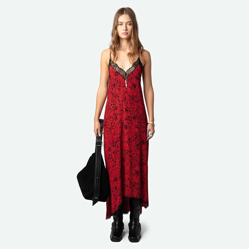 Zadig Woman Summer Dress Sexy V-Neck Splicing Halter Dresses Female Lace Black Print Fahsion Robes Elegant Silk Lady Long Skirt