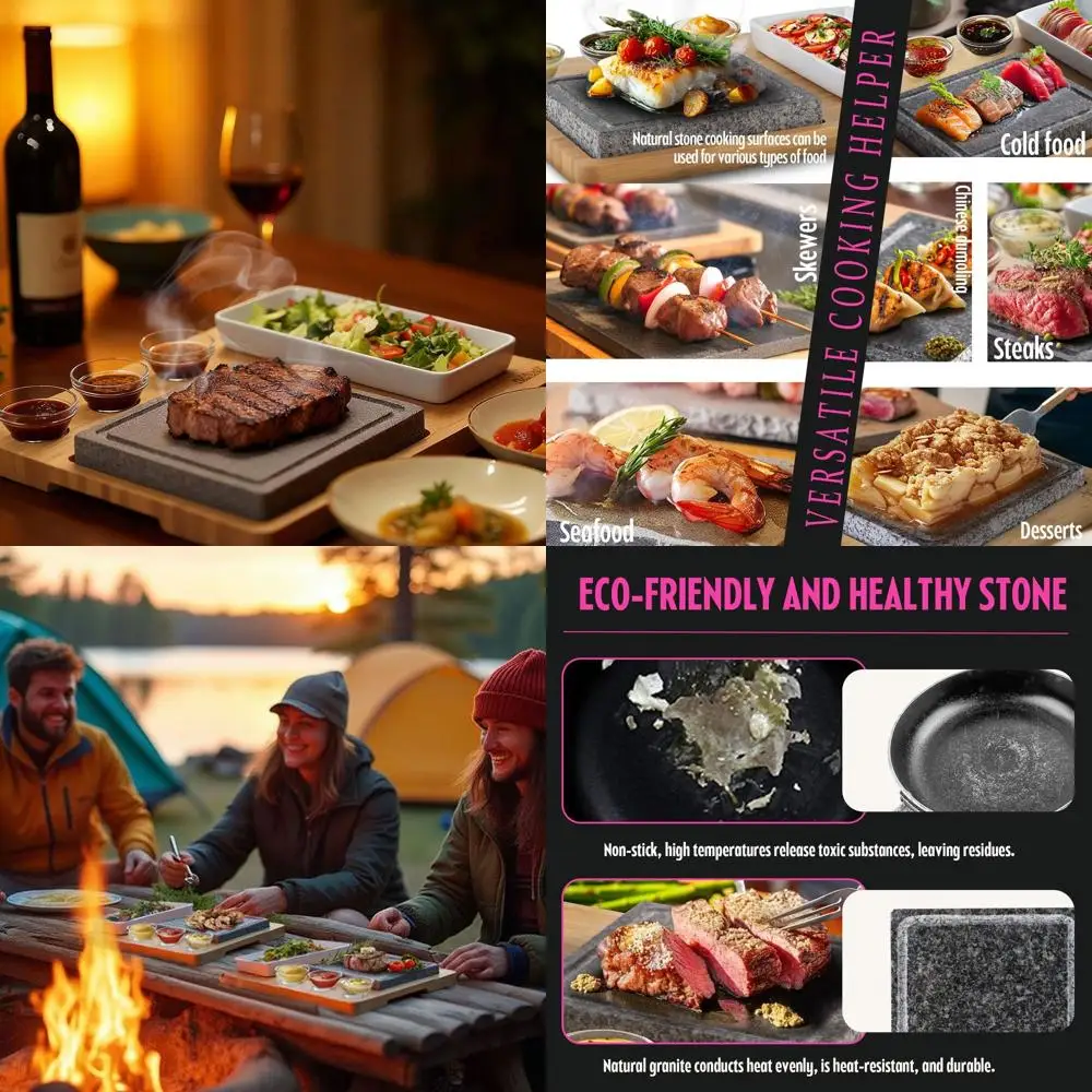 

Grilled Steak Granite Stone Set - 2 Stones, Bamboo Tray, 3 Sauce Dishes | Enhanced BBQ Sizzling Plate