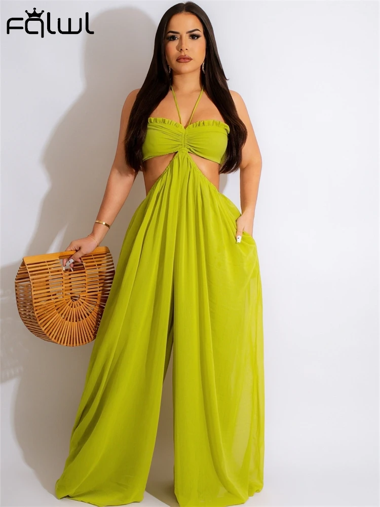 

Habbris Summer Green Halter Bandage Backless Jumpsuits Vacation Beach For Woman 2024 Sexy Hollow Out Strapless Wide-leg Jumpsuit