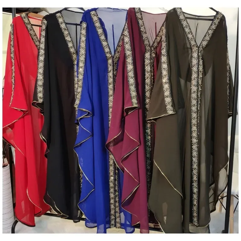 Abaya Marocco Caftano Dubai Abito lungo con cappuccio Manica a pipistrello Farasha Caftano Donne musulmane Kimono aperto africano Boubou Abito lungo da sera