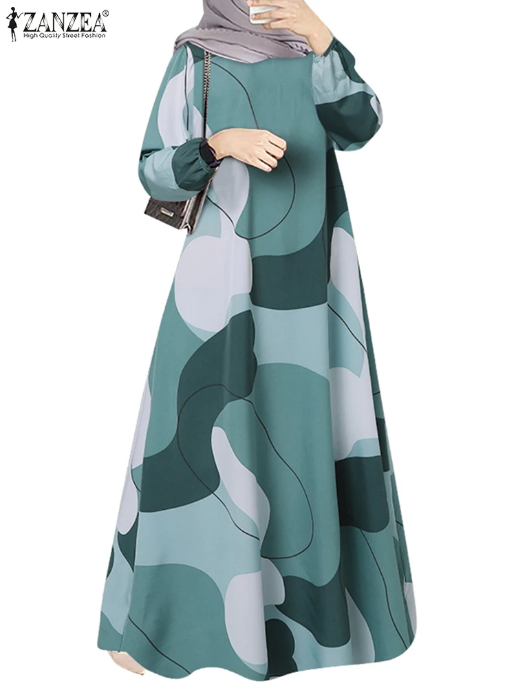 ZANZEA Muslim Fashion Islamic Long Dresses Women Elegant O Neck Long Sleeve Color Block A-line Vestidos Casual Loose Abaya Robes