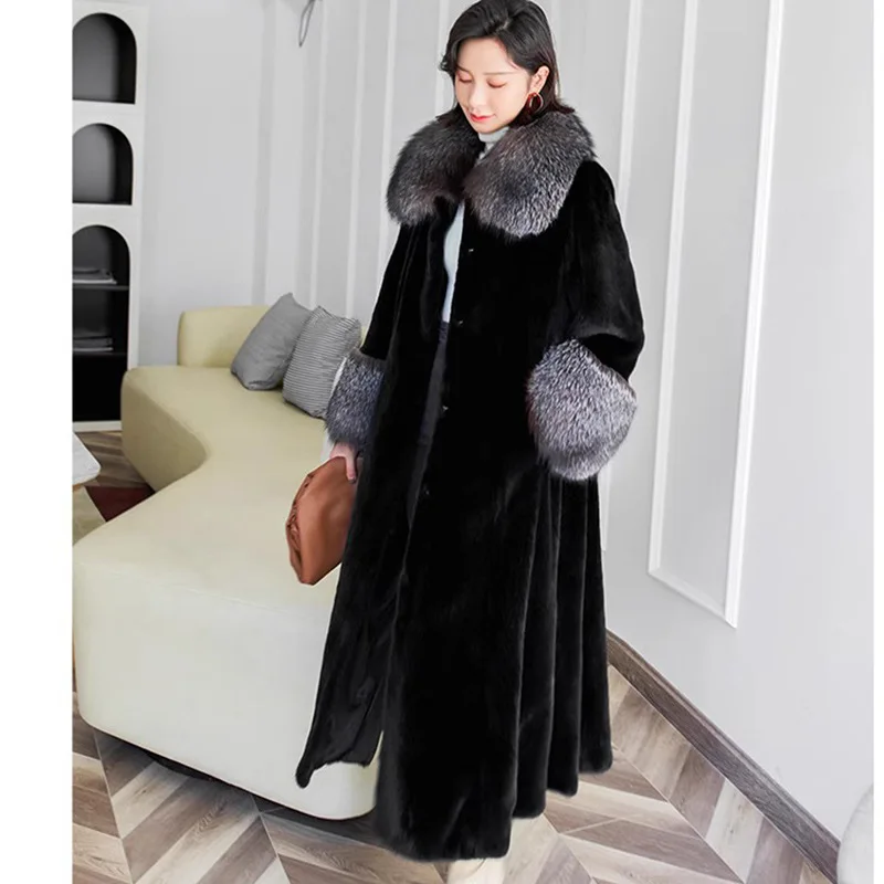 2024 Women's new fox fur collar long velvet mink fur coat Women's whole mink fur coat Casual warmth