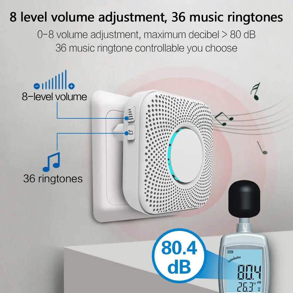 Campainha de música doméstica inteligente sem fio, alarme sinos, volume de 8 níveis, built-in 36 toques, campainha para segurança doméstica