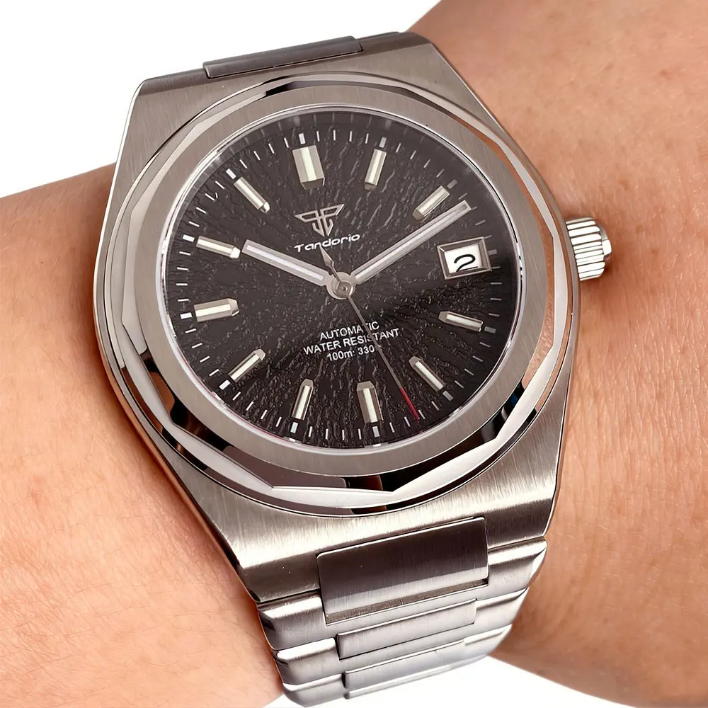 Tandorio Automatic 10ATM Men Watch Japan NH35A Black Teacup Pattern Date Face Sapphire Luxury Clock Stainless Steel Bracelet