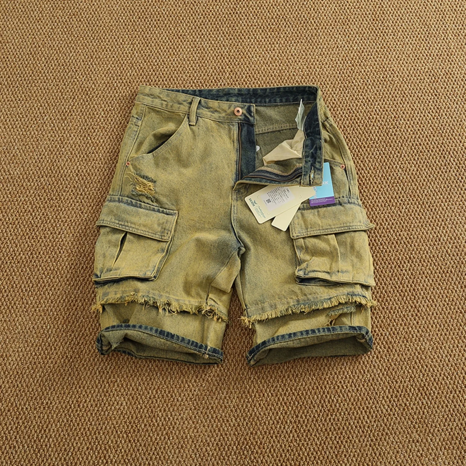 Personality Yellow Mud Dyed Old Washed Denim Shorts Men's Summer Baggy Multi-pocket Cargo Quarter Pants