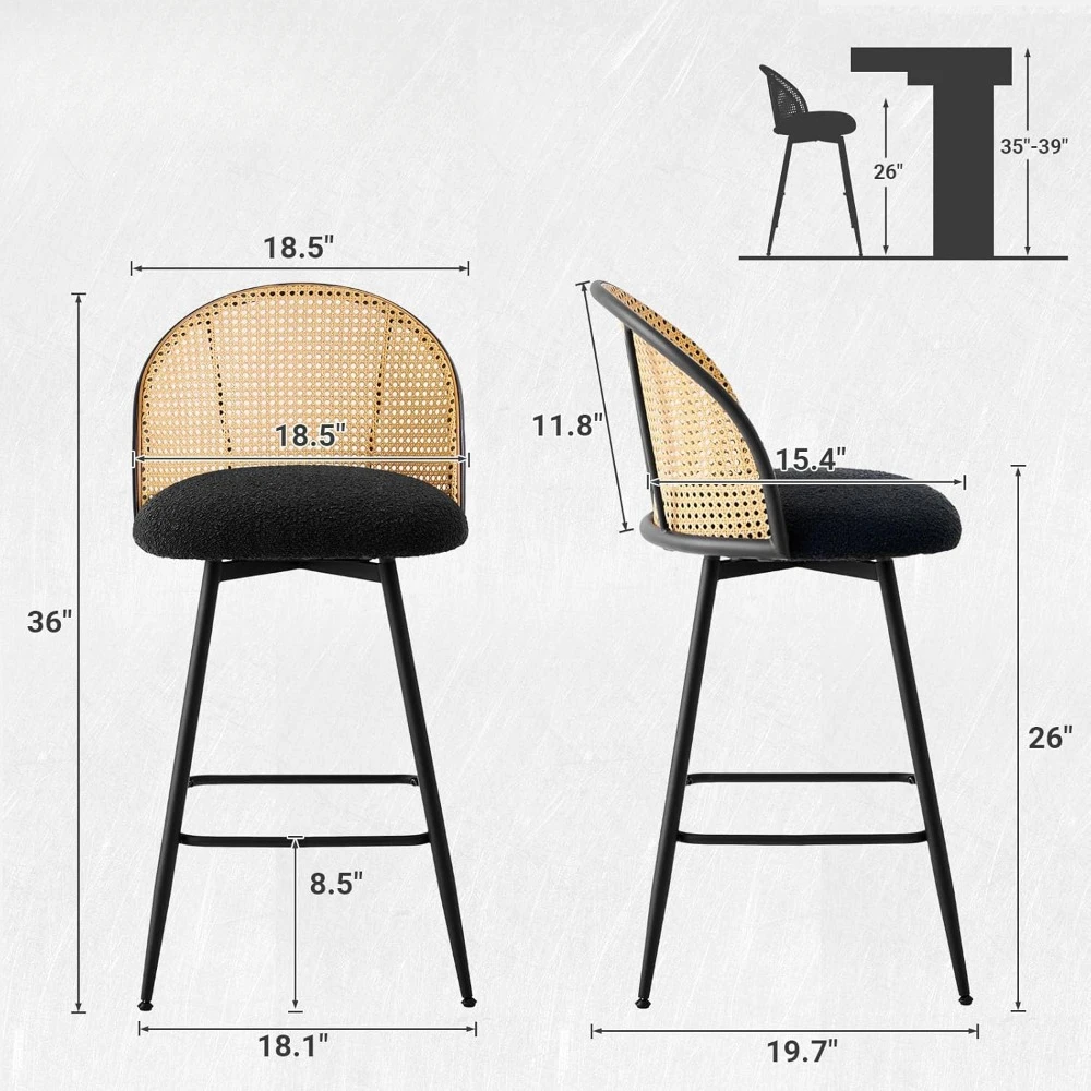 Набор из 3 стульев, современные 26-дюймовые барные стулья середины века со спинкой из ротанга и металлическими ножками, мягкий букле