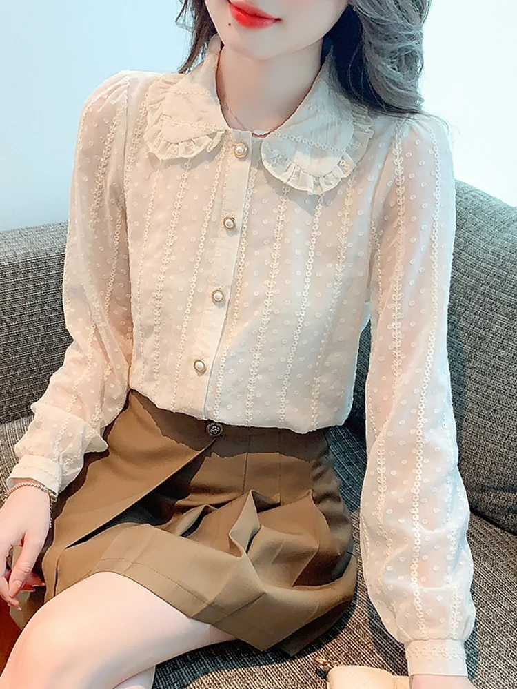 Long Sleeve Blouse Women Doll Collar Apricot Chiffon Blouse Shirt Tops Women Blusas Mujer De Moda 2024 Blouses Shirts Blusa G235