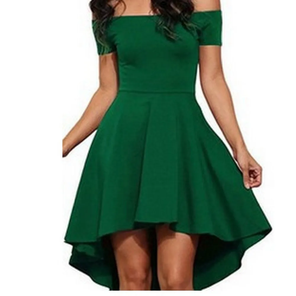 Women Off Shoulder Dress Elegant Summer Short Sleeve Casual High Low Hem Pleated Skirt Solid Color Party Outfits