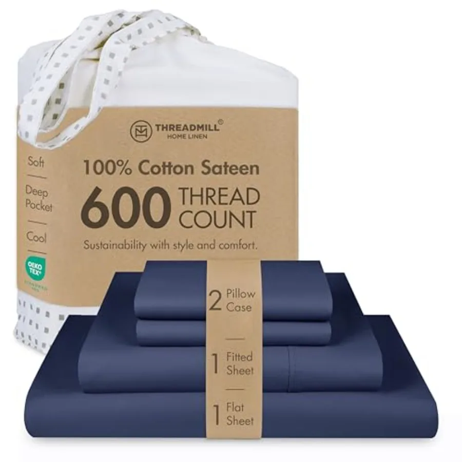 

100% Cotton Sheets for Size Bed - 600 Thread Count Bed Sheets Set with 16" Deep Pocket - Sateen Weave 4-Piece Bedding Set with