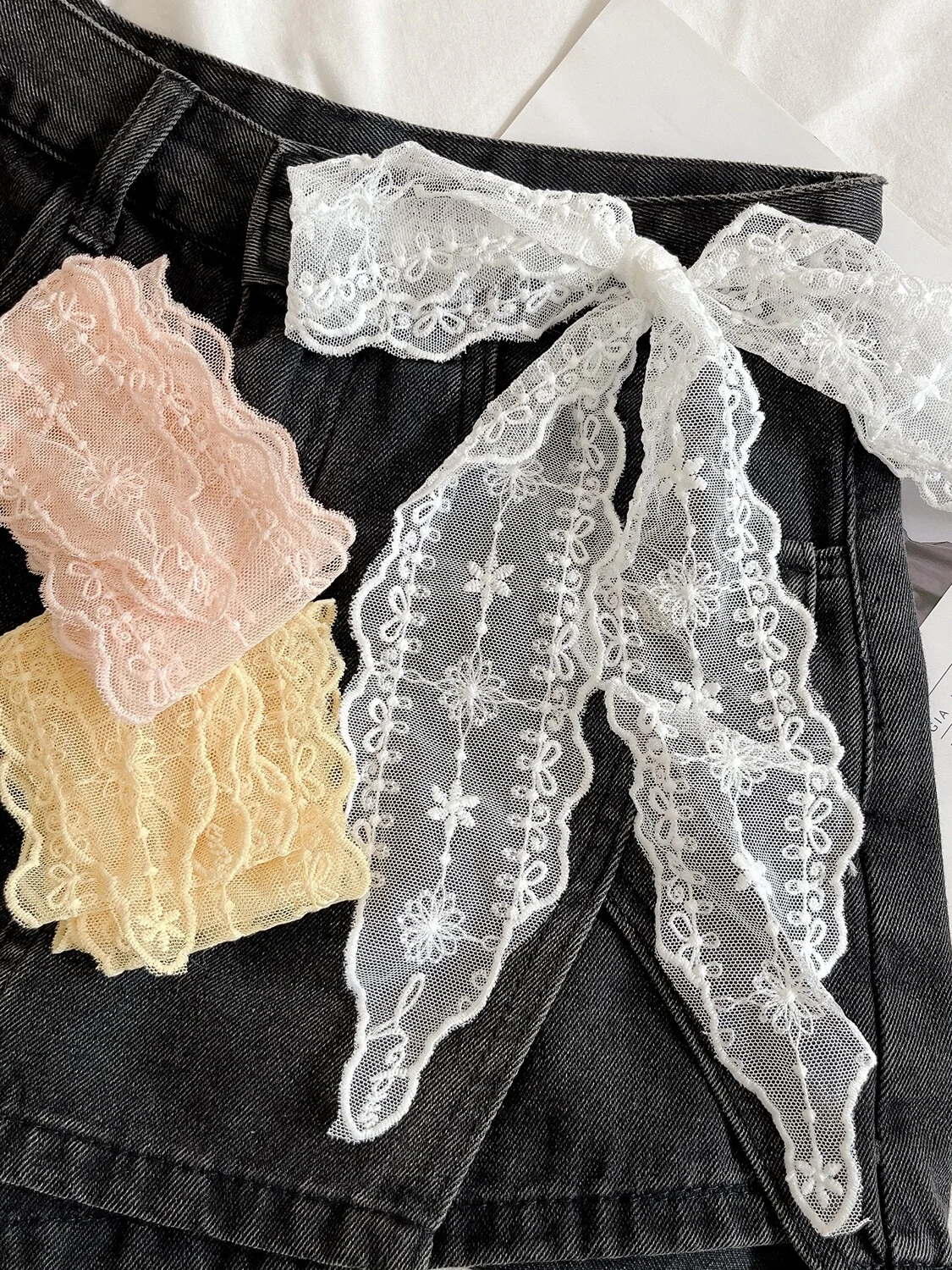 Pañuelo de Encaje de Color Puro Estilo Coreano Retro para Mujer, Pañuelo Decorativo Pequeño y Largo para el Cuello, Diadema M...