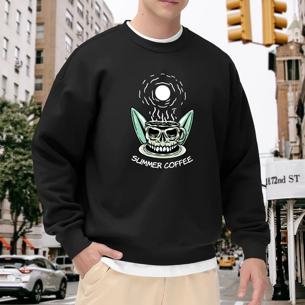 

Men's Black Crew Neck Loose Sweatshirt with Fun Skull and Coffee Print, Casual Street Style Versatile Top, Comfortable and Trendy Item for Everyday Wear
