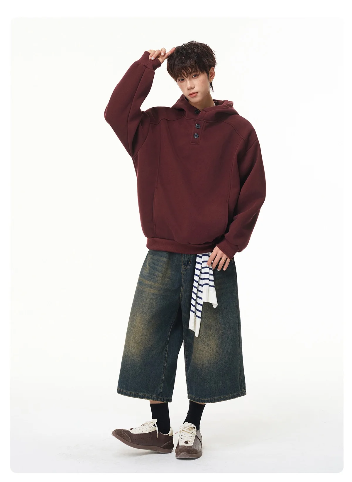 Autumn Winter New Button Half High Neck Hoodie for Men Korean Fashion Harajuku Simple Solid Men's Casual Loose Hooded Sweatshirt