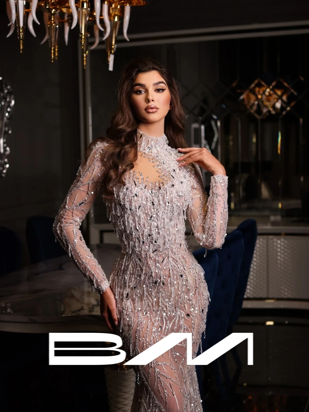 

Silver Tassel Front Cut-out Mermaid Evening Dress Intricate Shimmering High Neck Prom Gown With Rhinestones Customized