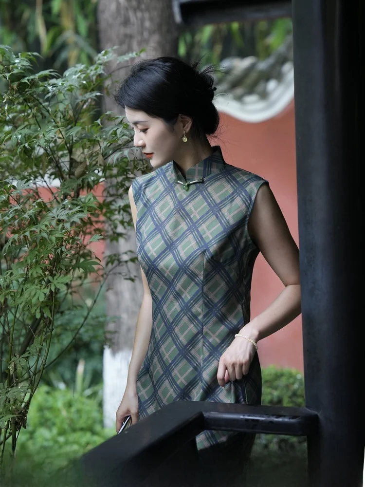 

Новое китайское ретро-платье в клетку для женщин, летнее, длинное, дышащее, с низким разрезом, без рукавов