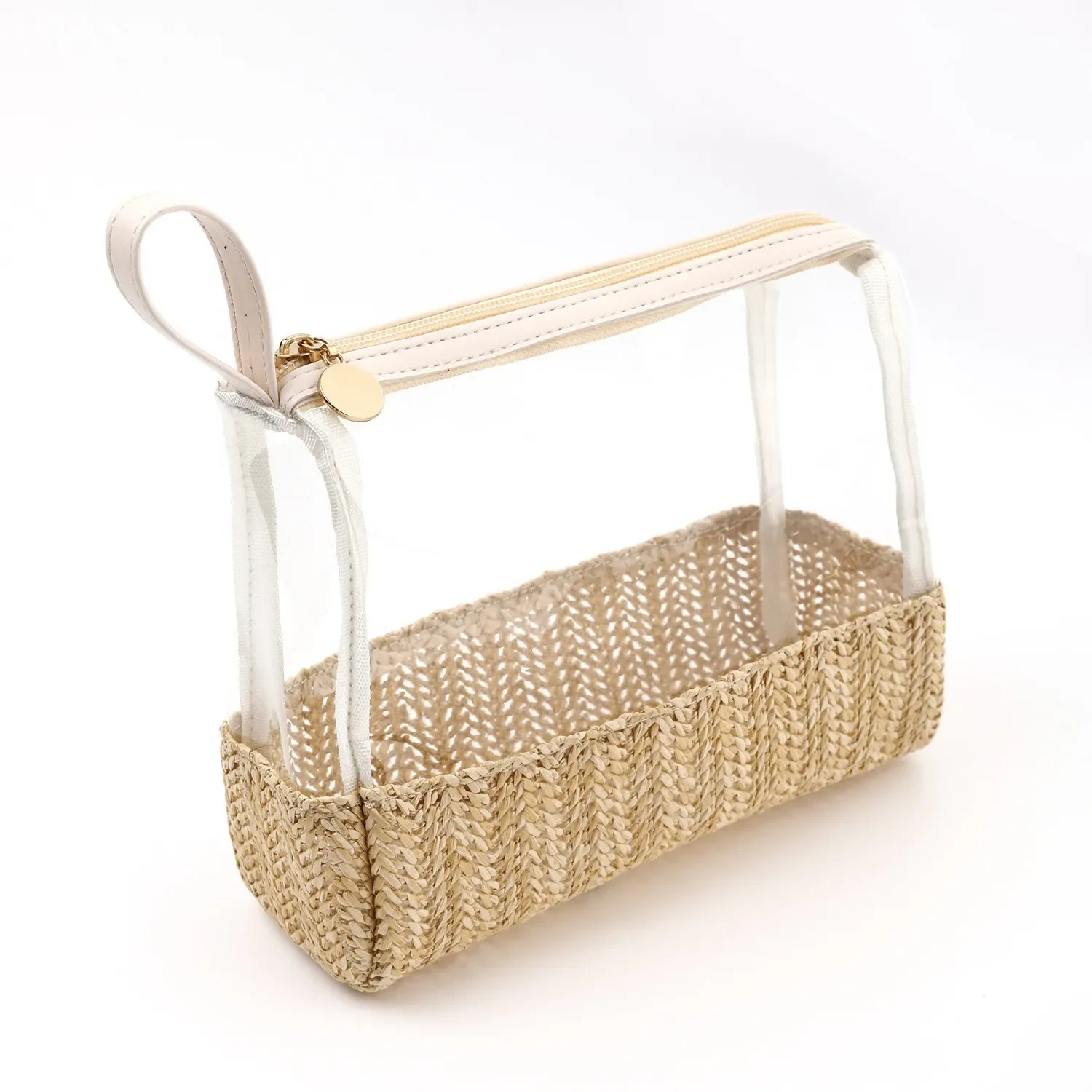 Durable Women\'s Grass Knitted Handheld Cosmetic Storage Bag Transparent Toilet Products Cosmetic Handheld Storage Bag