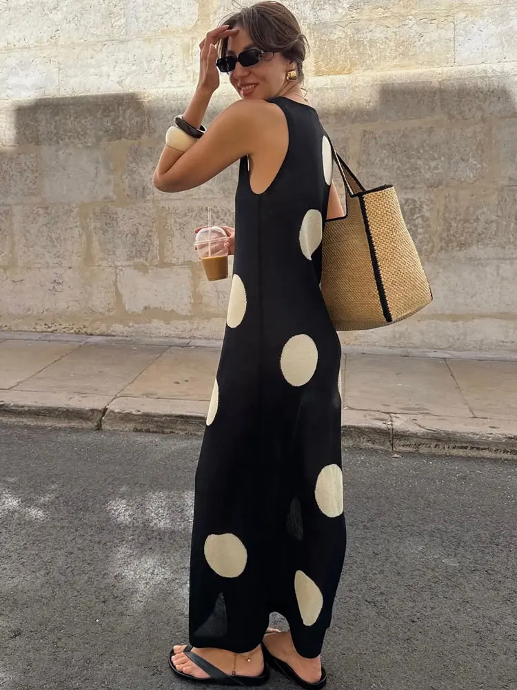 Tossy Knitwear Summer Contrast Dress For Women Sleeveless Loose Casual Beach Holiday Party Dress Female Knit See-Through Dress