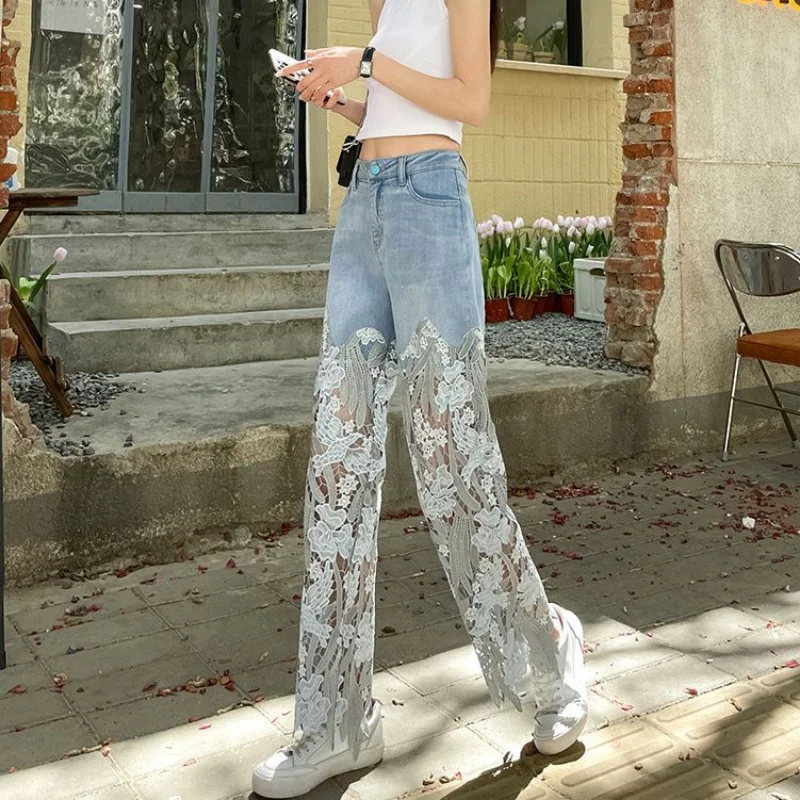 Pants for Woman and Capris Straight Leg with Rhinestones Transparent Women\'s Jeans Lace Grunge Y2k Spring Pant Vintage Trousers