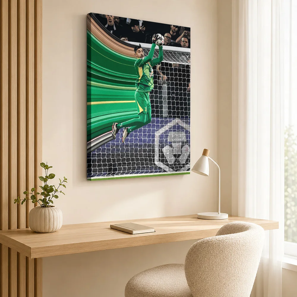 Goalkeeper catching a soccer ball Framed Canvas Poster Personalized Photo Sports Portrait Wall Art for Gym Decor Ready to Hang