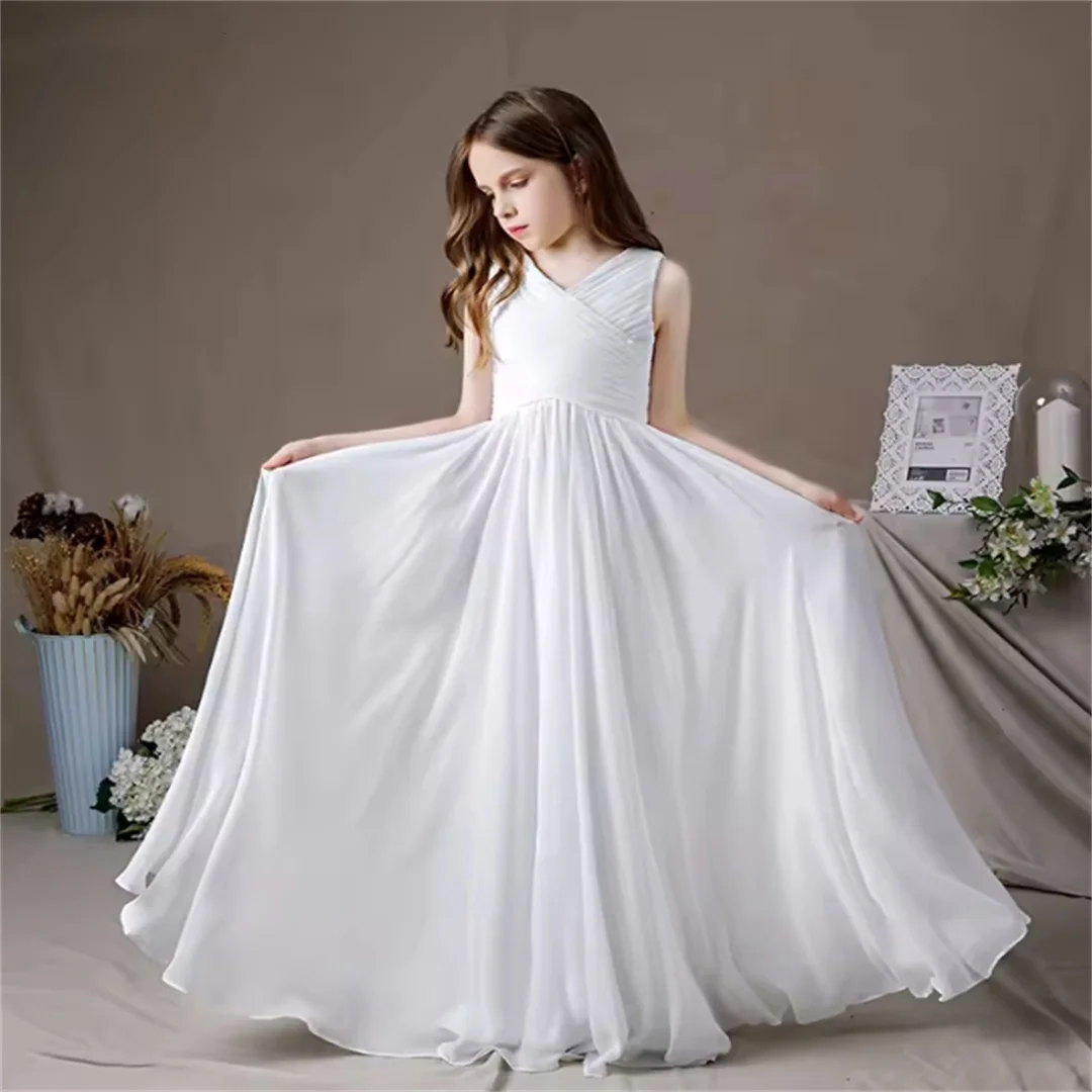 

Dideyttawl Customized Chiffon Peated Floor Length Sleeveless Flower Girl Dress V Neck First Communion Gown Junior Concert Party