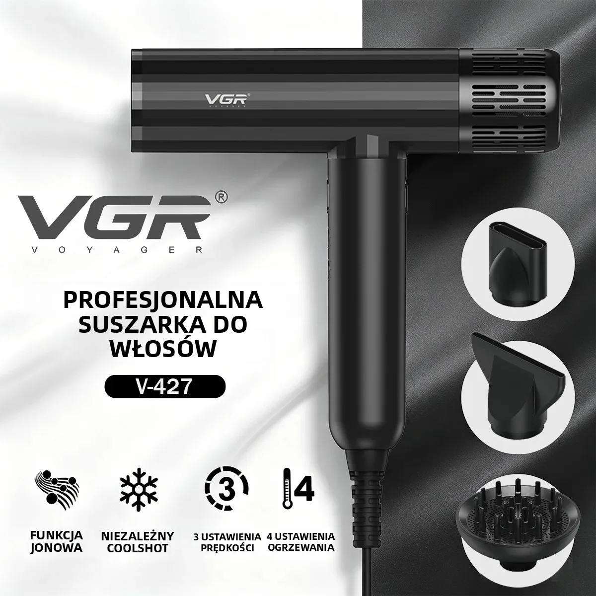 VGR Suszarka do włosów Profesjonalna Przewodowa Silnik BLDC 110 000 obr./min Do salonu fryzjerskiego i użytku domowego V-427