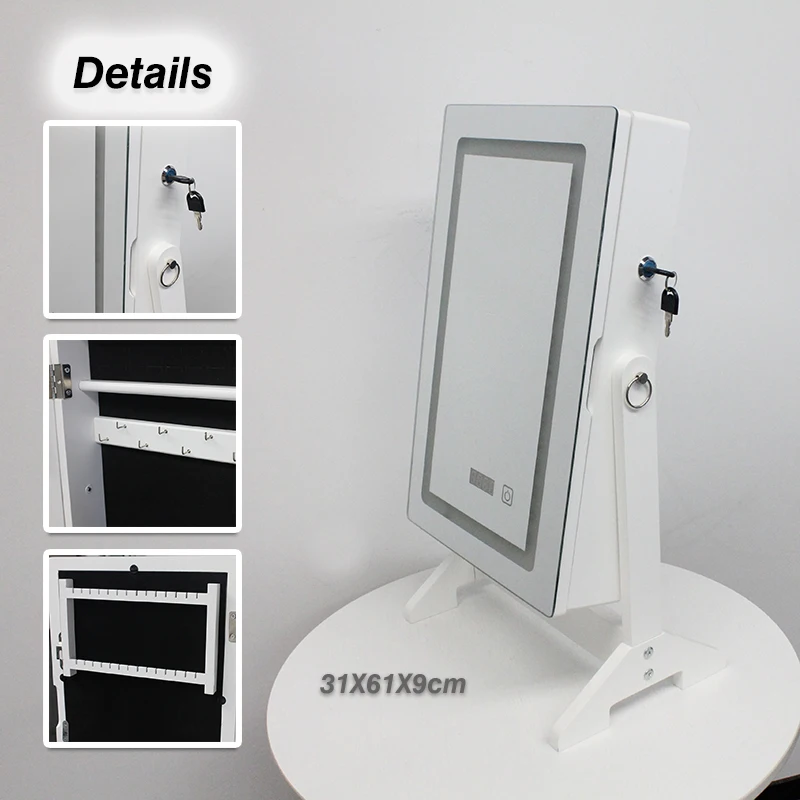 custom.Lockable Jewelry Cabinet with Frameless LED Vanity Mirror Wooden Space Saving Jewelry Display Organizer
