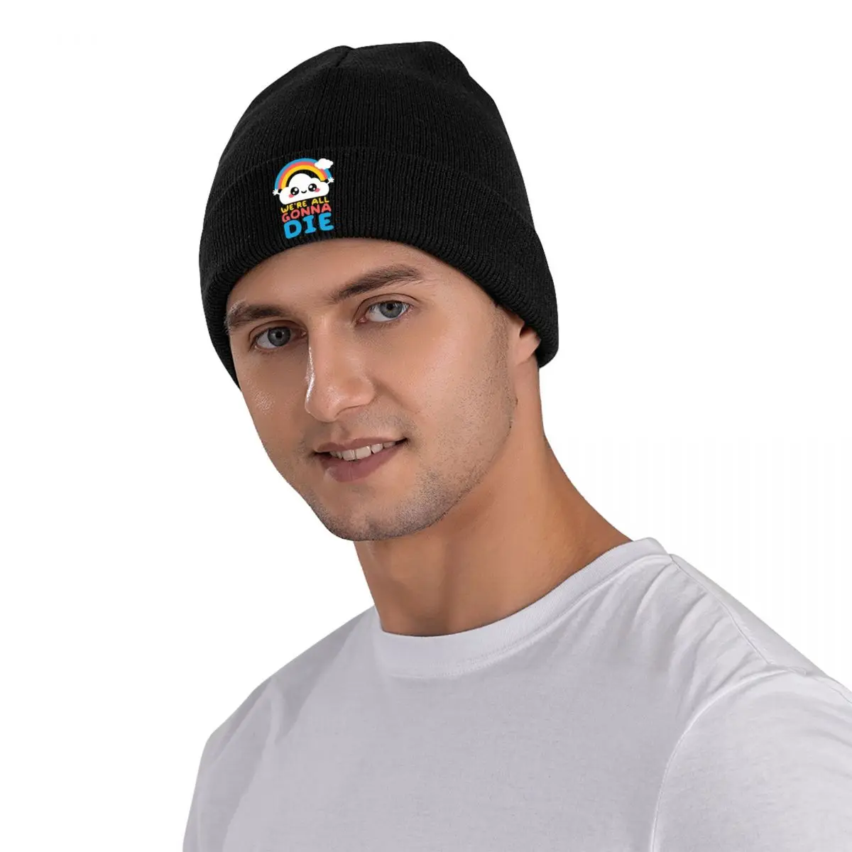 We Are All Gonna Die Lustige Zitate Motorhaube Hüte Beanie Hüte Grafik Strickmütze Herbst Winter Straße Männer Frauen Sport Warme weiche Kappe