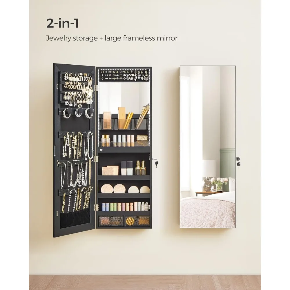 SONGMICS Jewelry Cabinet Armoire Organizer with LED Lights, Wall-Mounted Storage Cabinet with Full-Length Frameless Mirror