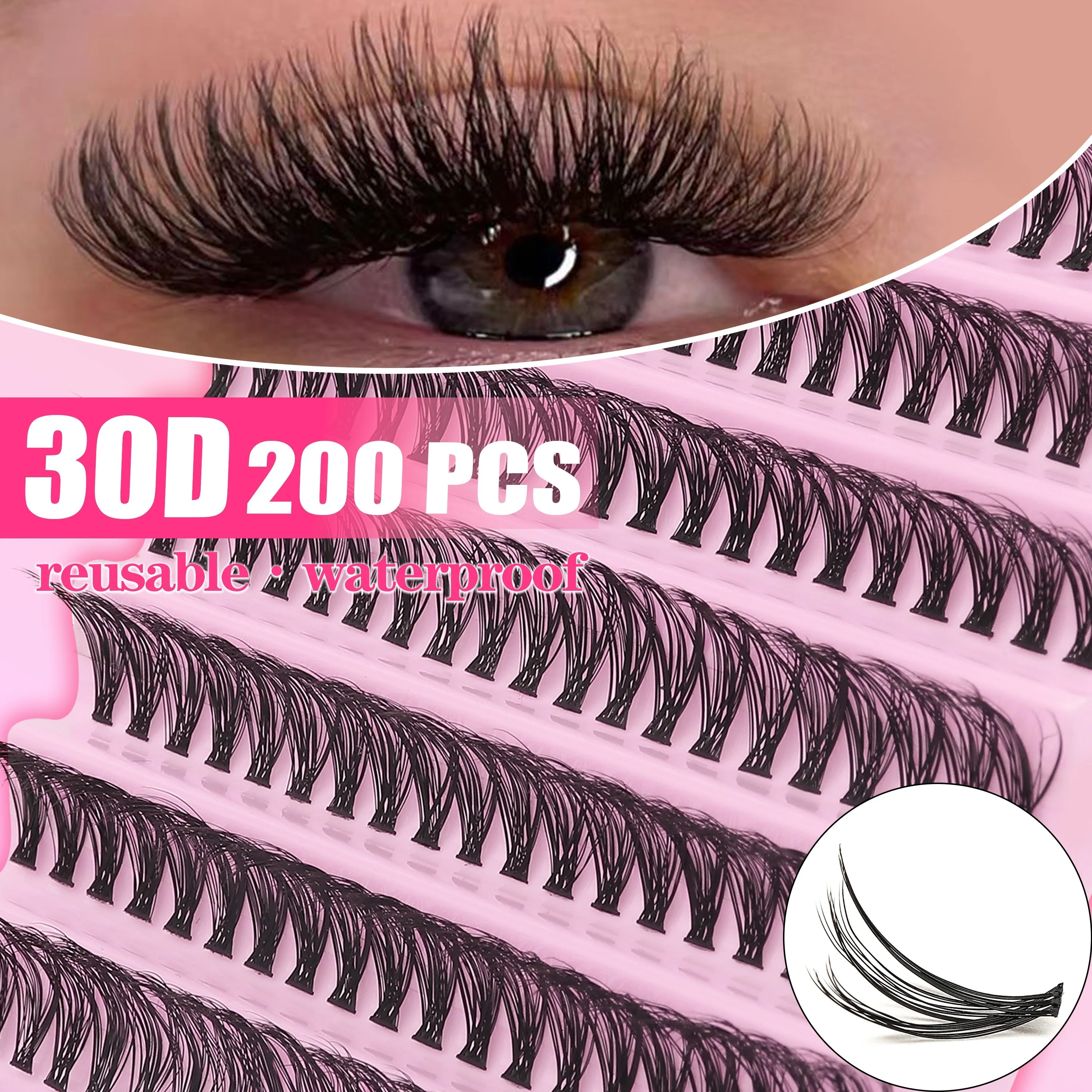 200 Stück 30D Cluster Falsche Wimpern Set, DIY Wimpernverlängerung, 0,05 mm Dicke, D Curl, gemischte Längen 8–16 mm – Detail 2