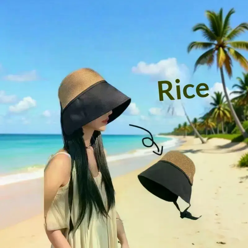 Women's Versatile Wide Brim Sunshade Bucket Hat Summer Face Covering Sunscreen Hat Fisherman's Hat Travel Sunscreen Straw Hat